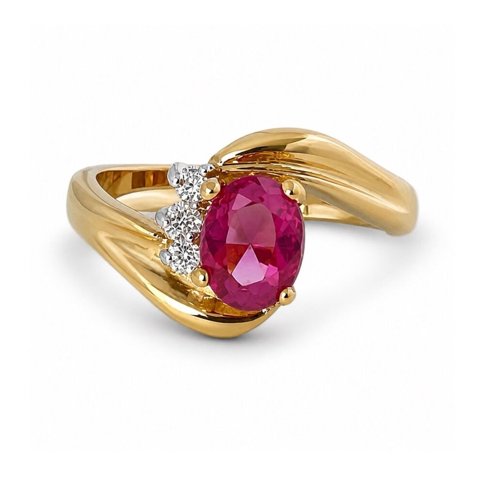 Vintage 1970s Ring Size 5 Pink Crystal CZ Prong Set Gold Plated - 14L